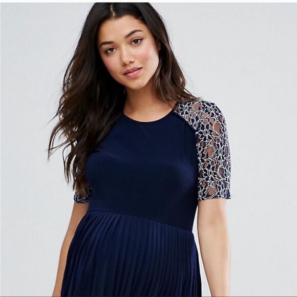 ASOS MATERNITY Navy Blue White Lace Sleeve Pleeated Midi Dress-10 - Picture 1 of 10